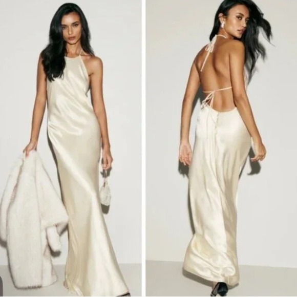 NEW Reformation Jeany Silk Dress Halter Neck Backless Maxi Dress Fior Di Latte M - Picture 2 of 13